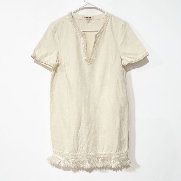 Boden Fringe Trim Hem Mini Shift Dress in Ivory 100% Cotton Pullover size 6R - Picture 6 of 13